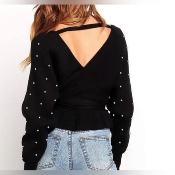 Black vneck pearl accented wrap sweater size medium - Picture 3 of 8